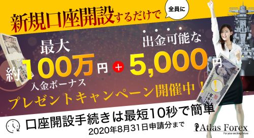 『夏のボーナスキャンペーン開催！FXトレードプロバイダー「AtlasForex」で 100％入金ボーナスキャンペーンを8月3日～開催』