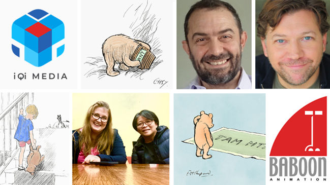 Baboon Animation's Mike de Seve & John Reynolds (top) with IQI's Charlene Kelly & Khiow Hui Lim (bottom) are creating a new story for Winnie-the-Pooh. (Illustration by E.H. Shepard.)