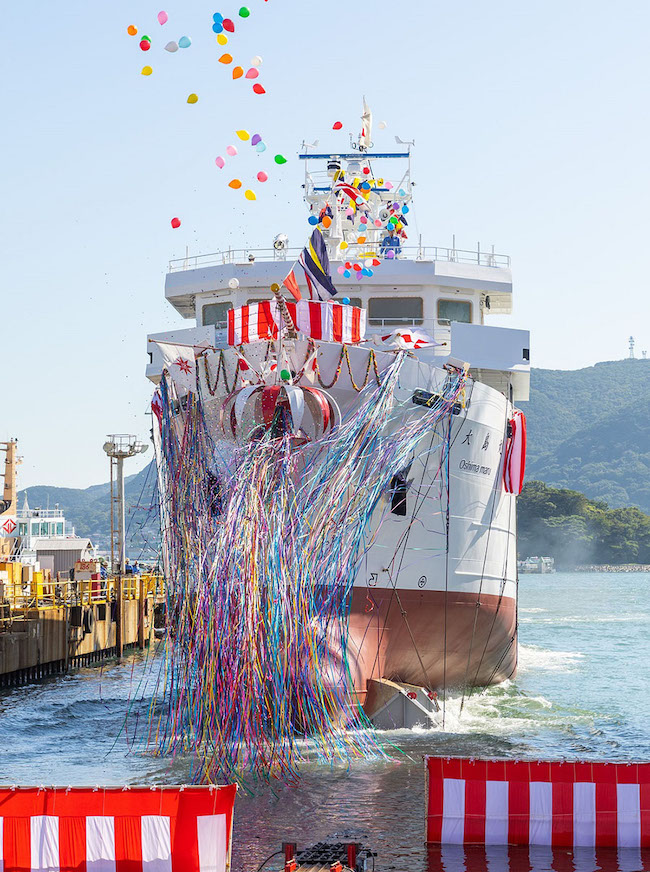 Mitsubishi Shipbuilding Holds Christening and Launch Ceremony in Shimonoseki for Training Ship OSHIMA MARU Built for Oshima College