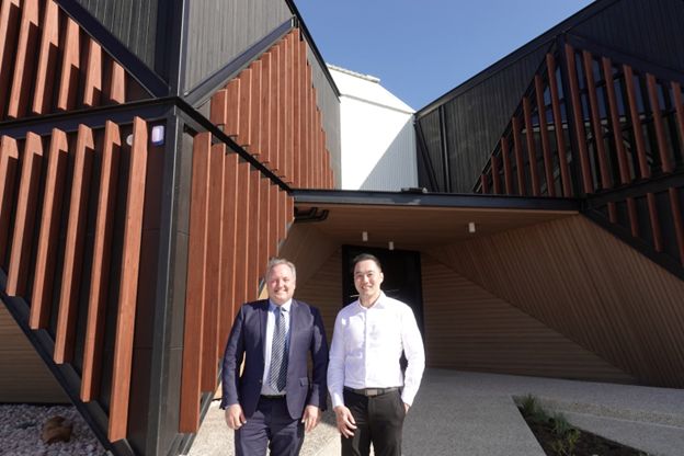 Dean Unsworth, CEO, Shire of Murray with Lester Chan, CEO, The GrowHub officially handing over the keys to the Growhub Innovation Centre in Western Australia