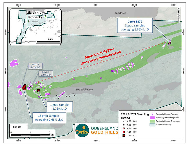 Queensland Announces Sampling Results Averaging 2.65% Li2O from the Mia Li-1 Occurrence at Its Mia Lithium Property in Quebec, Canada