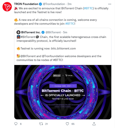 TRON Officially Launches Cross-Chain Scaling Solution BitTorrent Chain (BTTC)