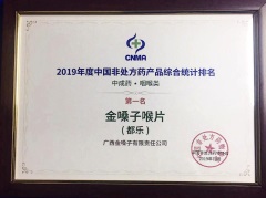 金嗓子喉片获2019年中国非处方药“咽喉类”第一名